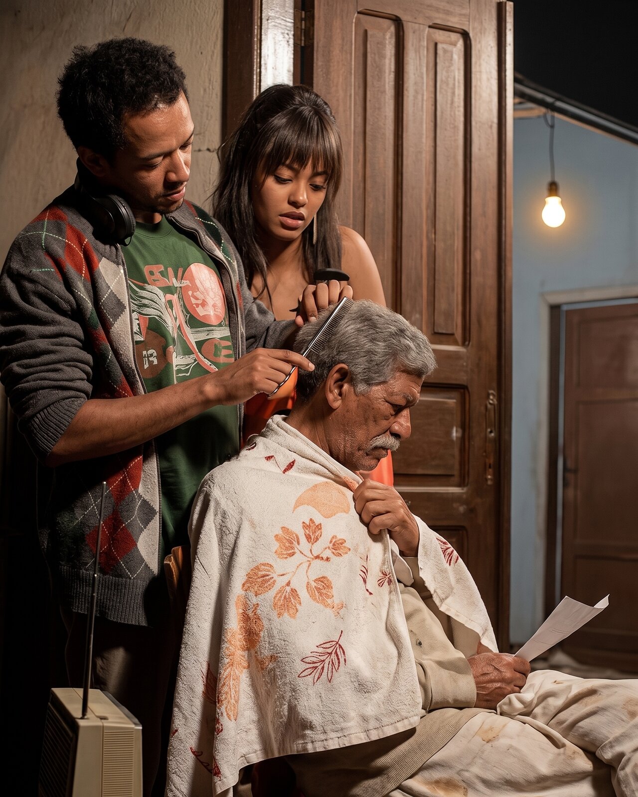 Yematibela Wef feature film still, haircut scene